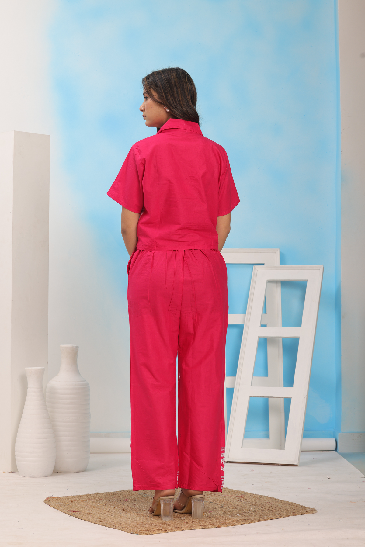 Pink Embroidered Cotton Co-Ord Set
