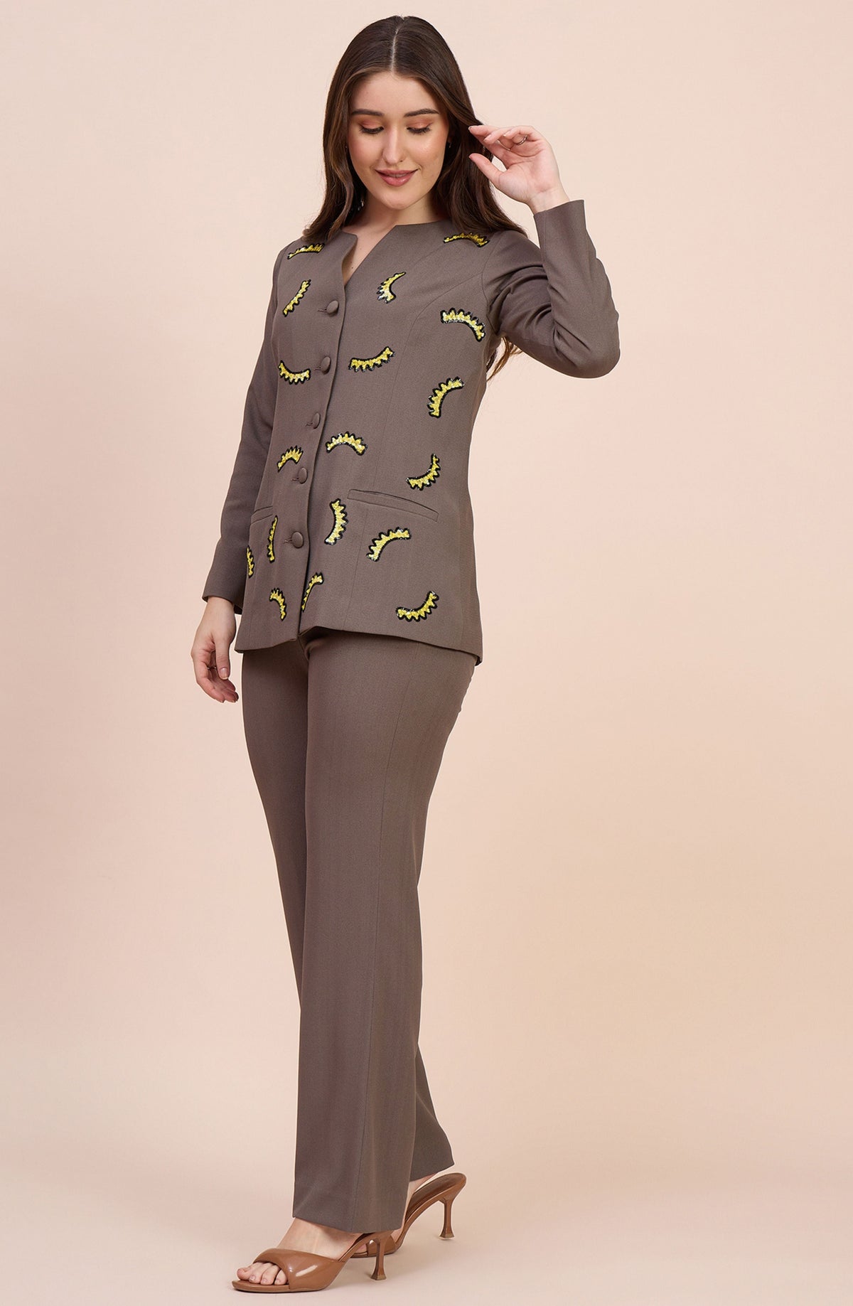 Taupe Co-ord Set with Yellow Sequin Crescent Motifs