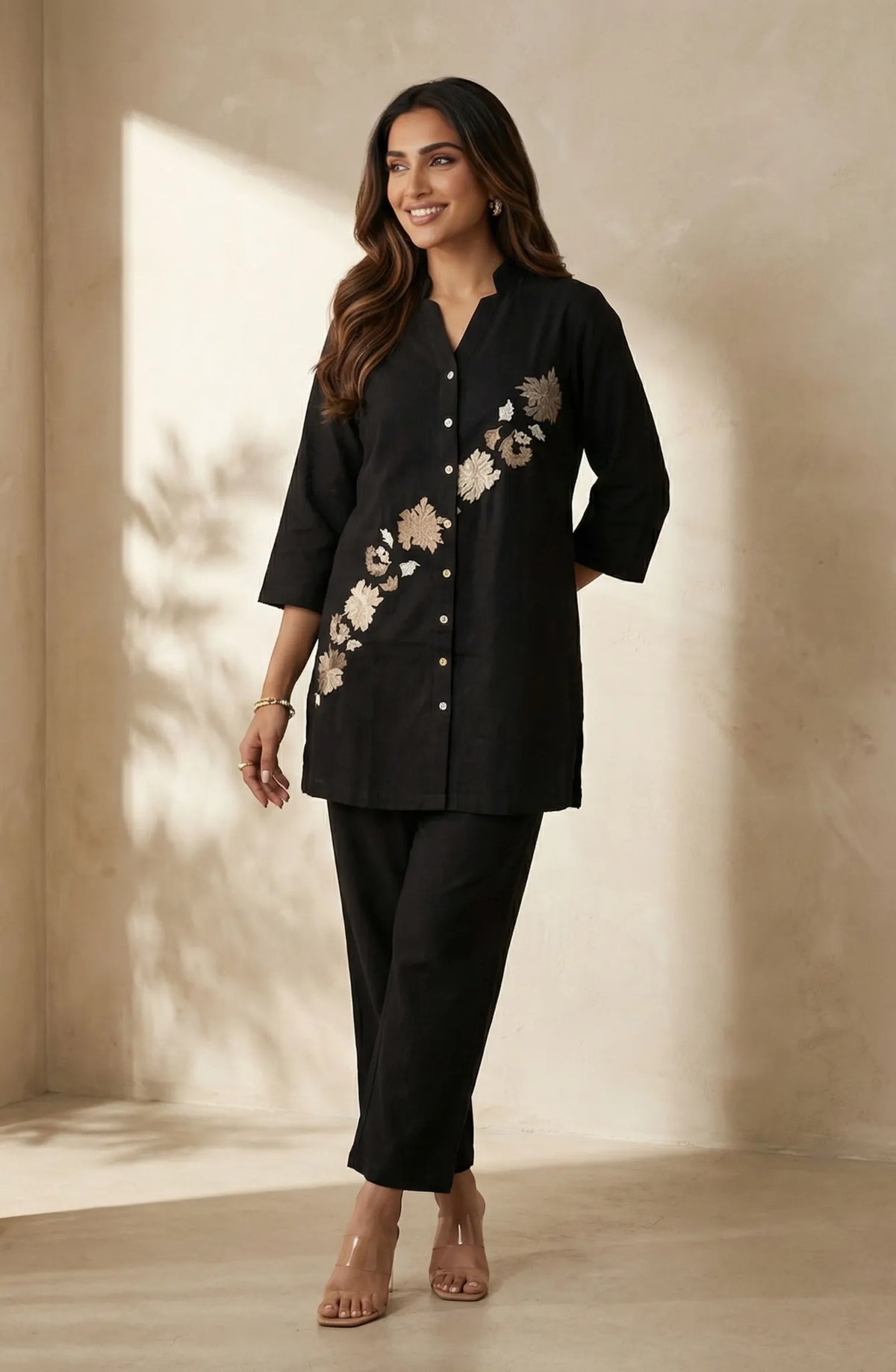 Black Half & Half Embroidered Co-ord Set