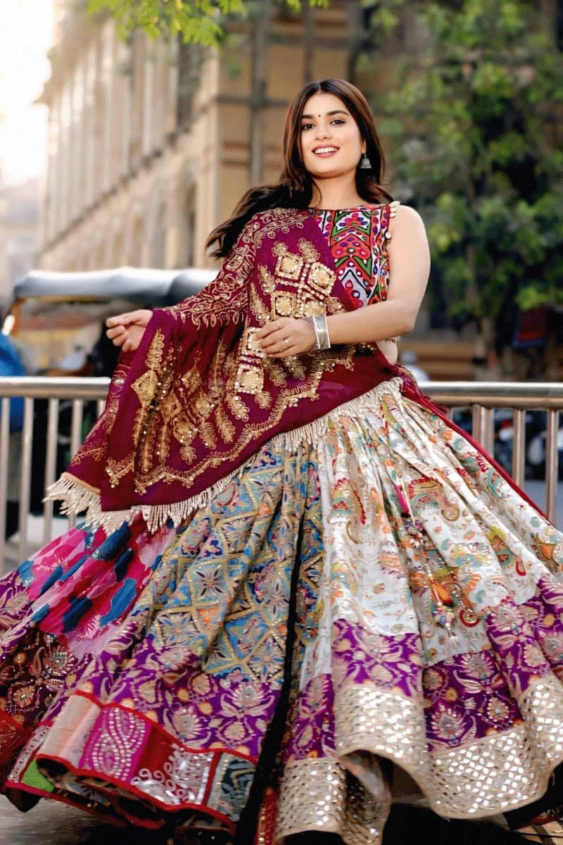 Digital Print Real Mirror Work Ghagra Choli For Garba
