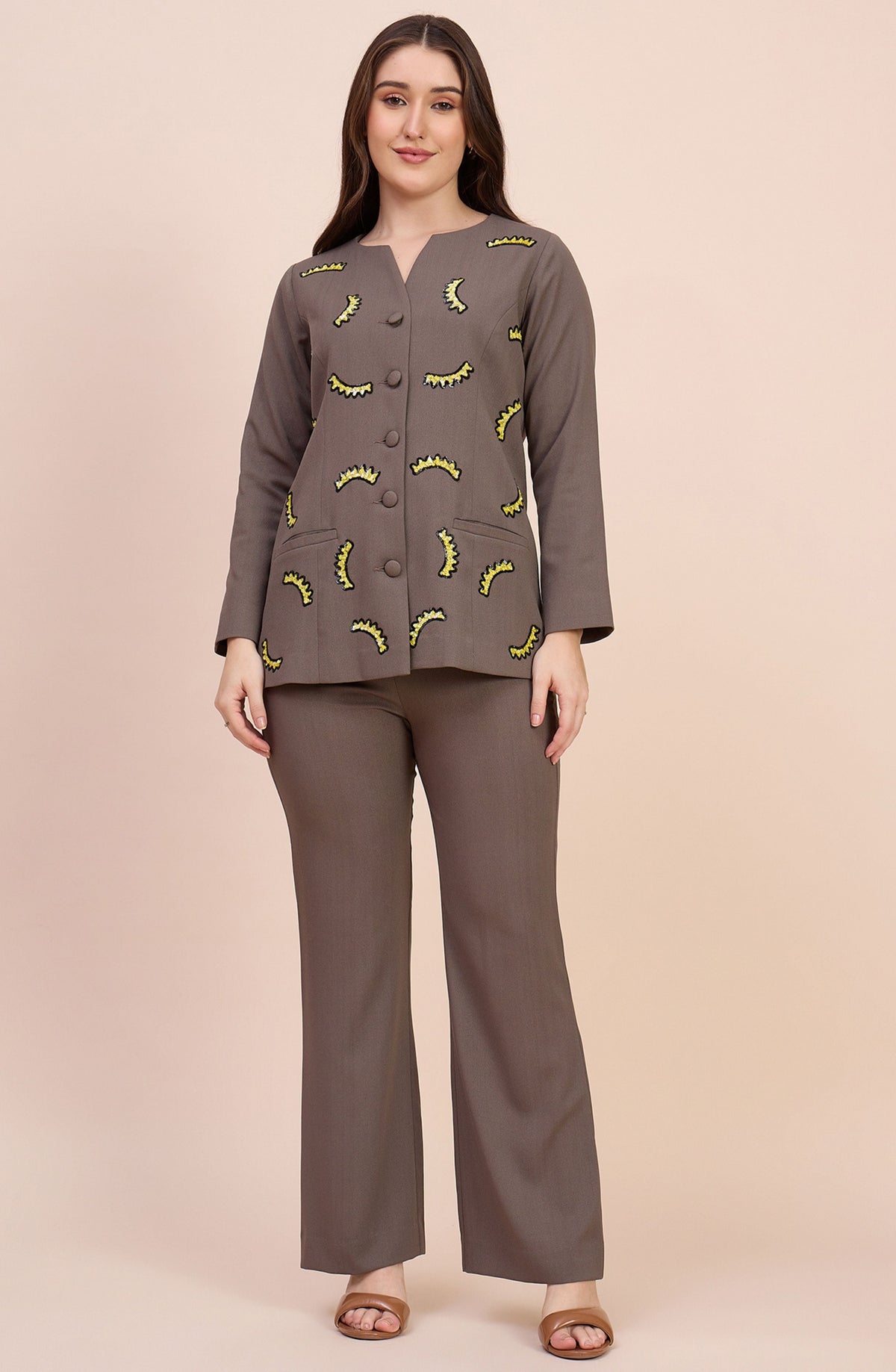 Taupe Co-ord Set with Yellow Sequin Crescent Motifs