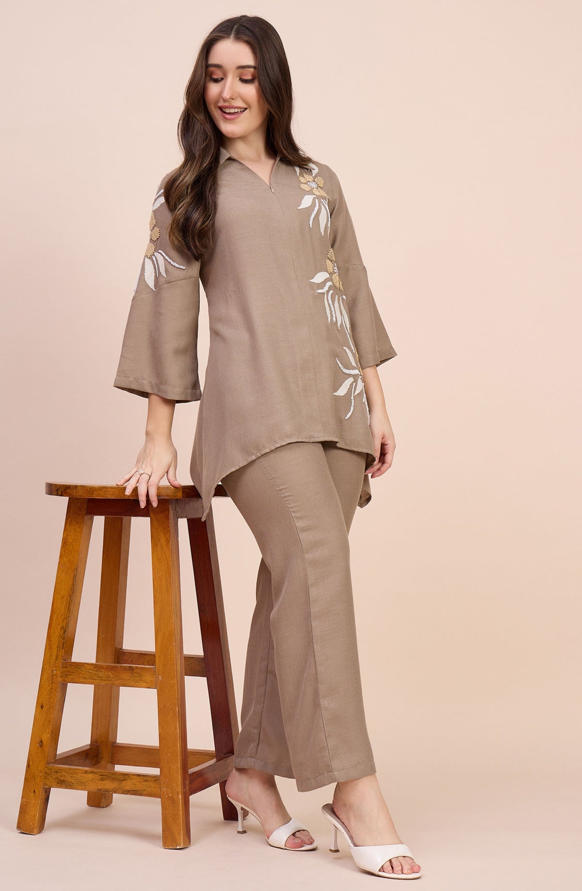 Taupe Co-ord Set with Beaded Sunflower Embroidery