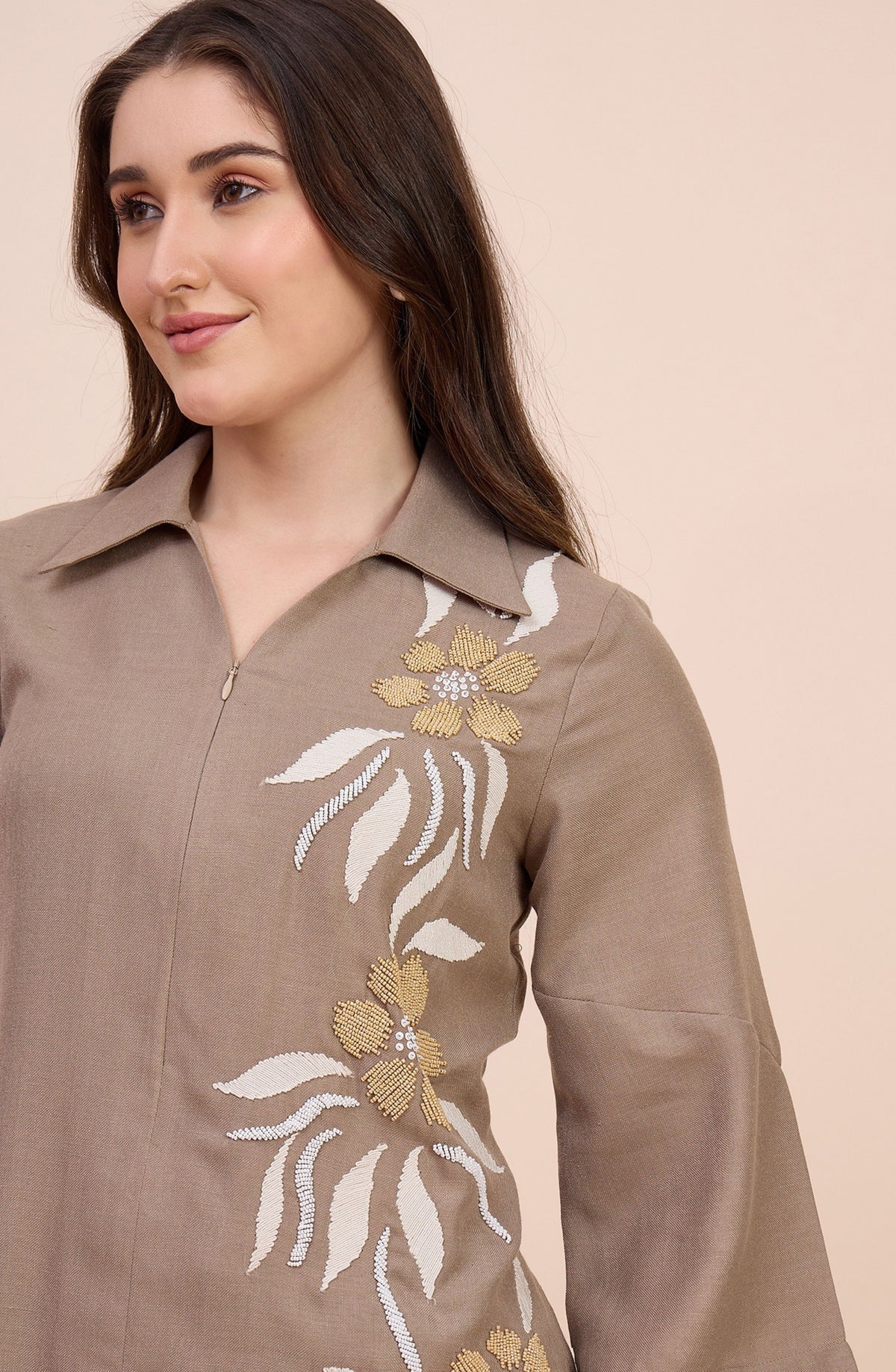 Taupe Co-ord Set with Beaded Sunflower Embroidery
