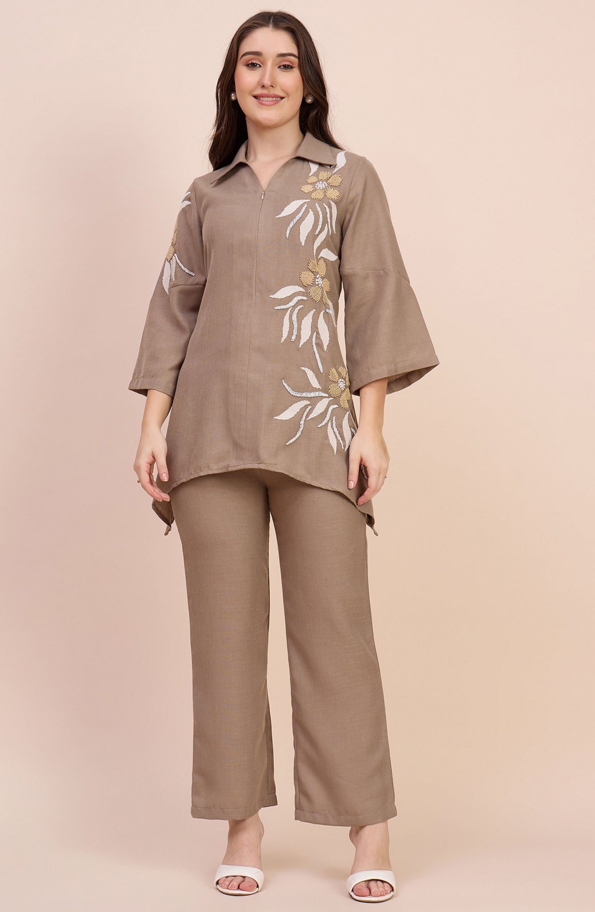 Taupe Co-ord Set with Beaded Sunflower Embroidery
