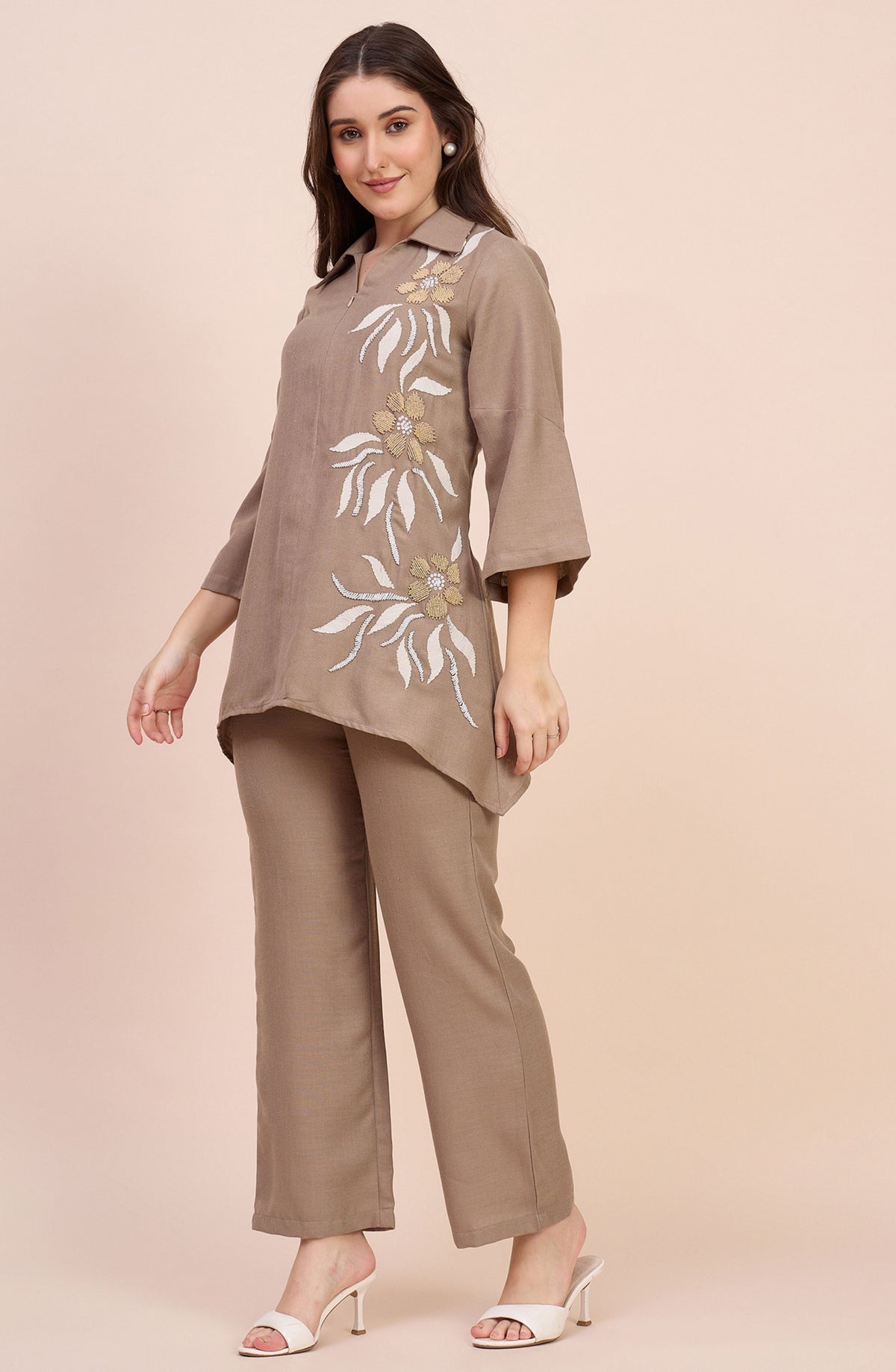 Taupe Co-ord Set with Beaded Sunflower Embroidery