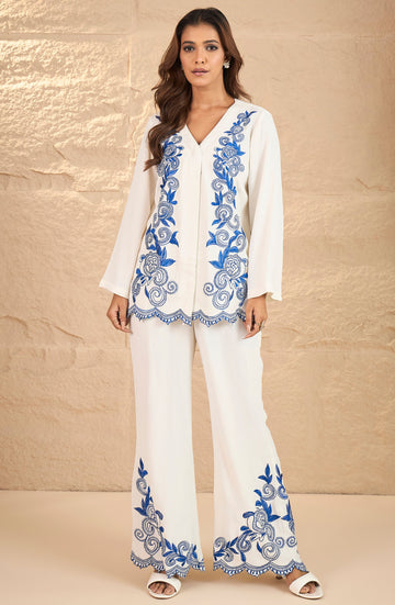 White and Blue Embroidered Co-Ord Set
