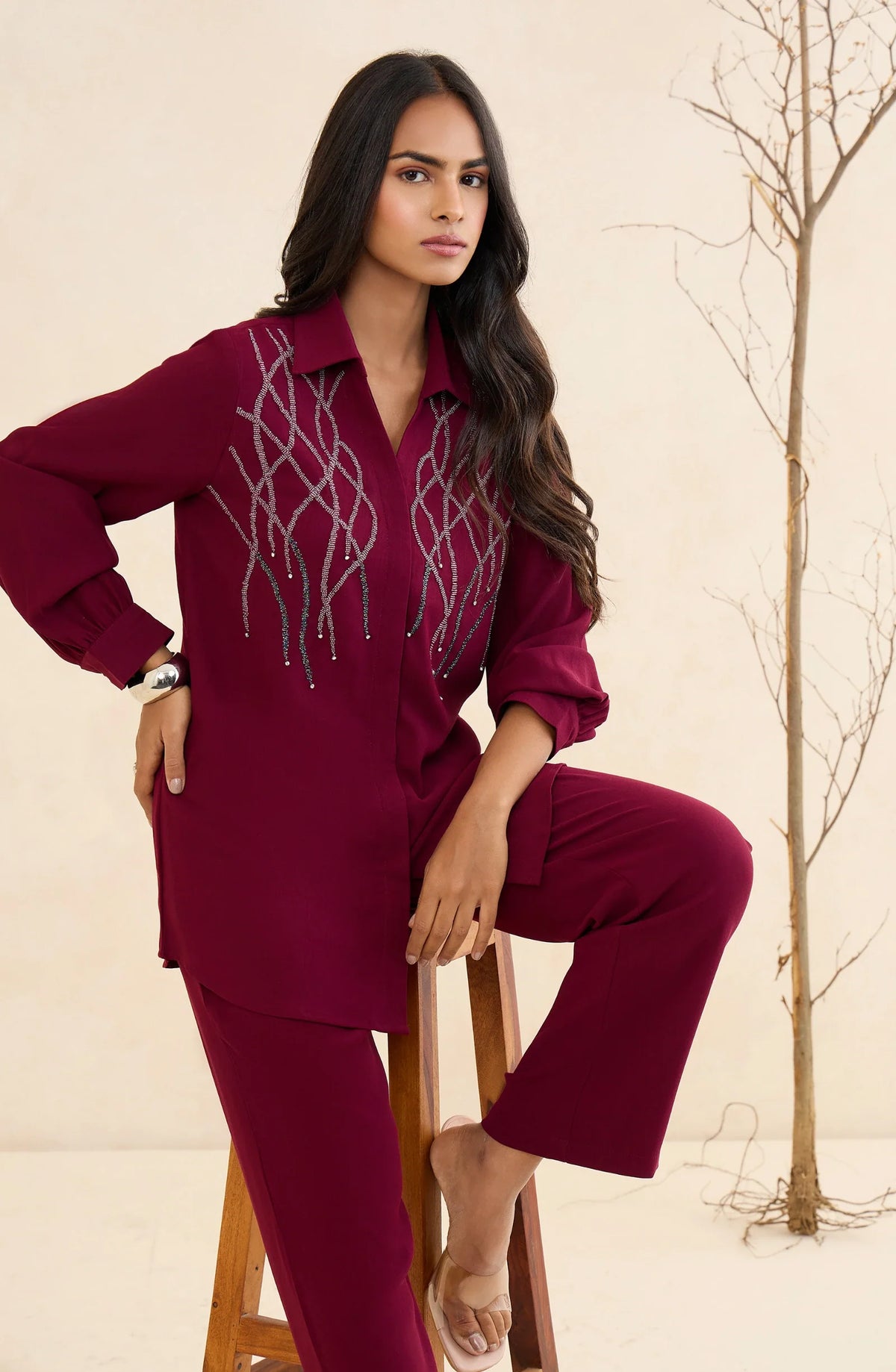 Maroon Embellished Co-Ord Set With Tonal Handwork
