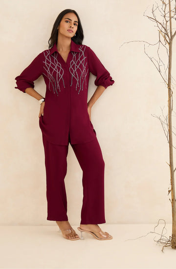 Maroon Embellished Co-Ord Set With Tonal Handwork