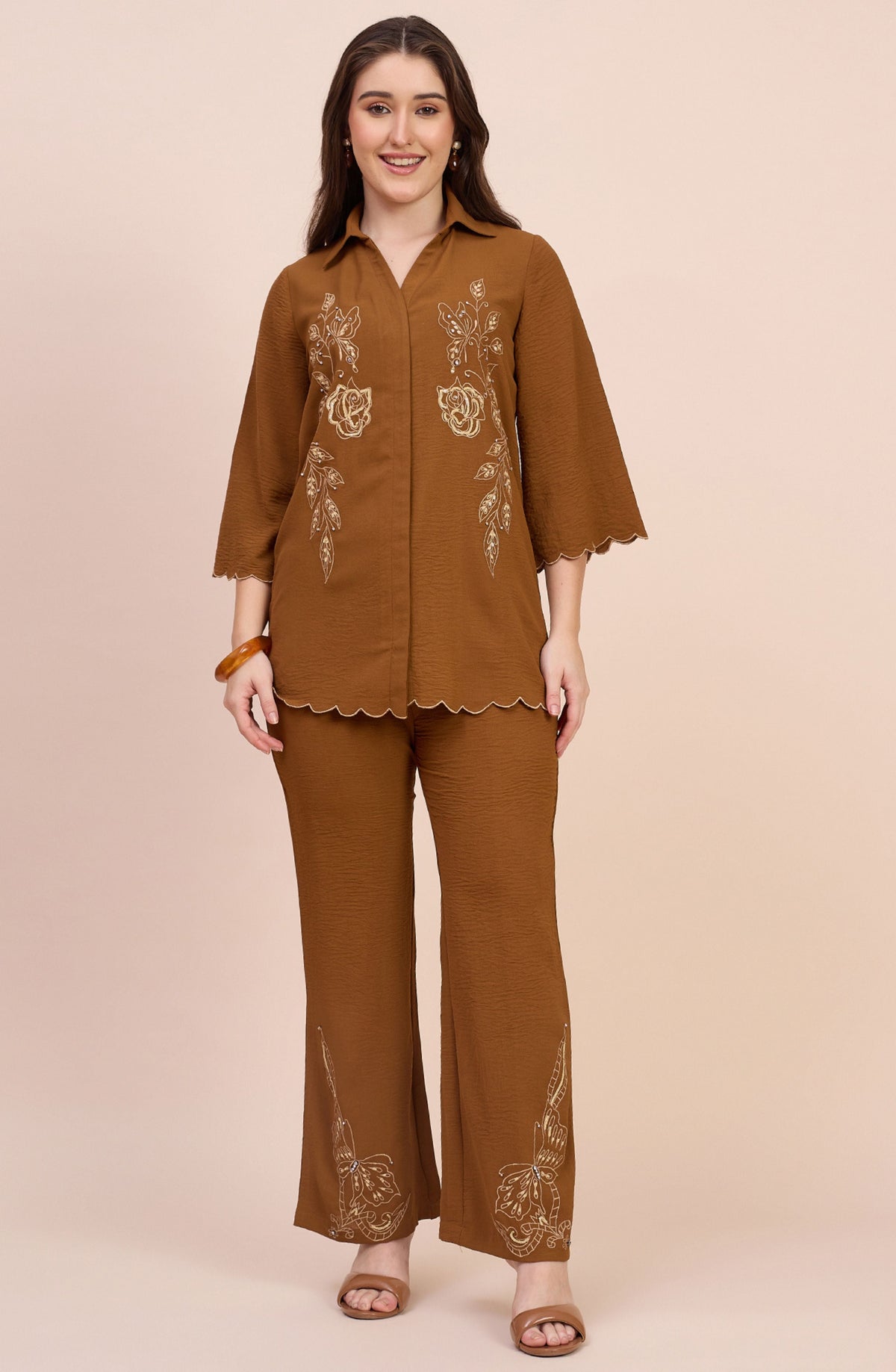 Rust Brown Co-ord Set with Gold Line-Art Floral Embroidery
