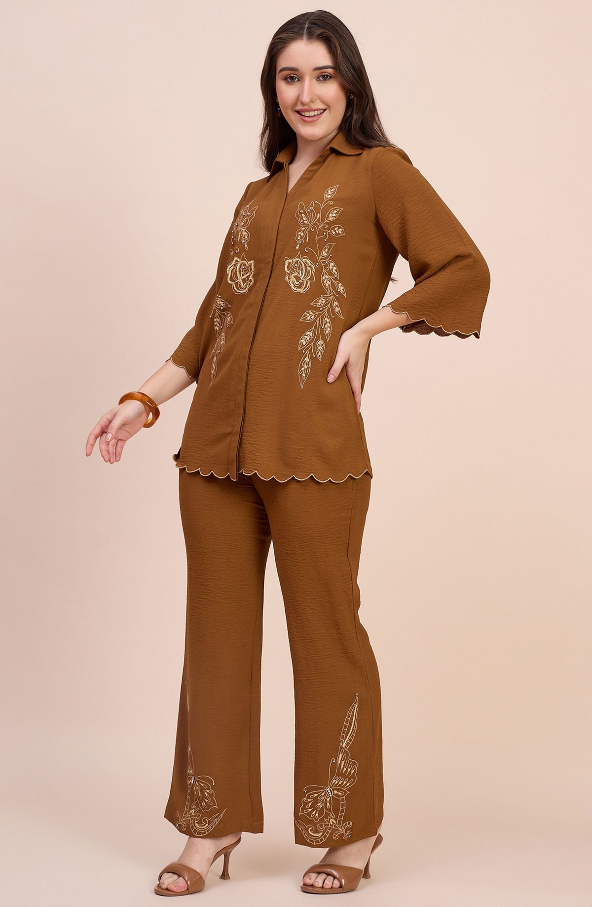 Rust Brown Co-ord Set with Gold Line-Art Floral Embroidery