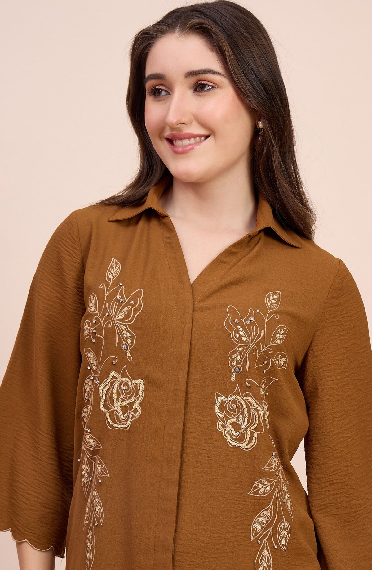 Rust Brown Co-ord Set with Gold Line-Art Floral Embroidery