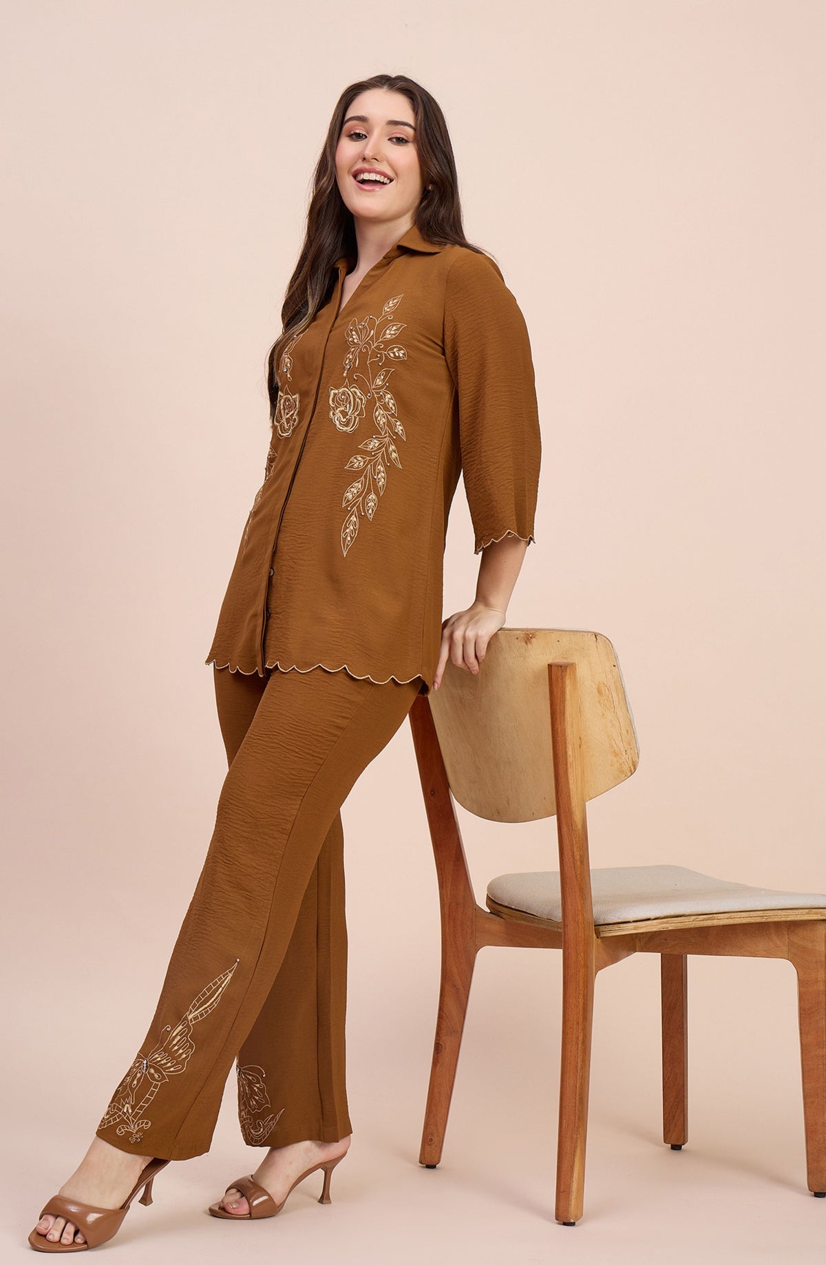 Rust Brown Co-ord Set with Gold Line-Art Floral Embroidery