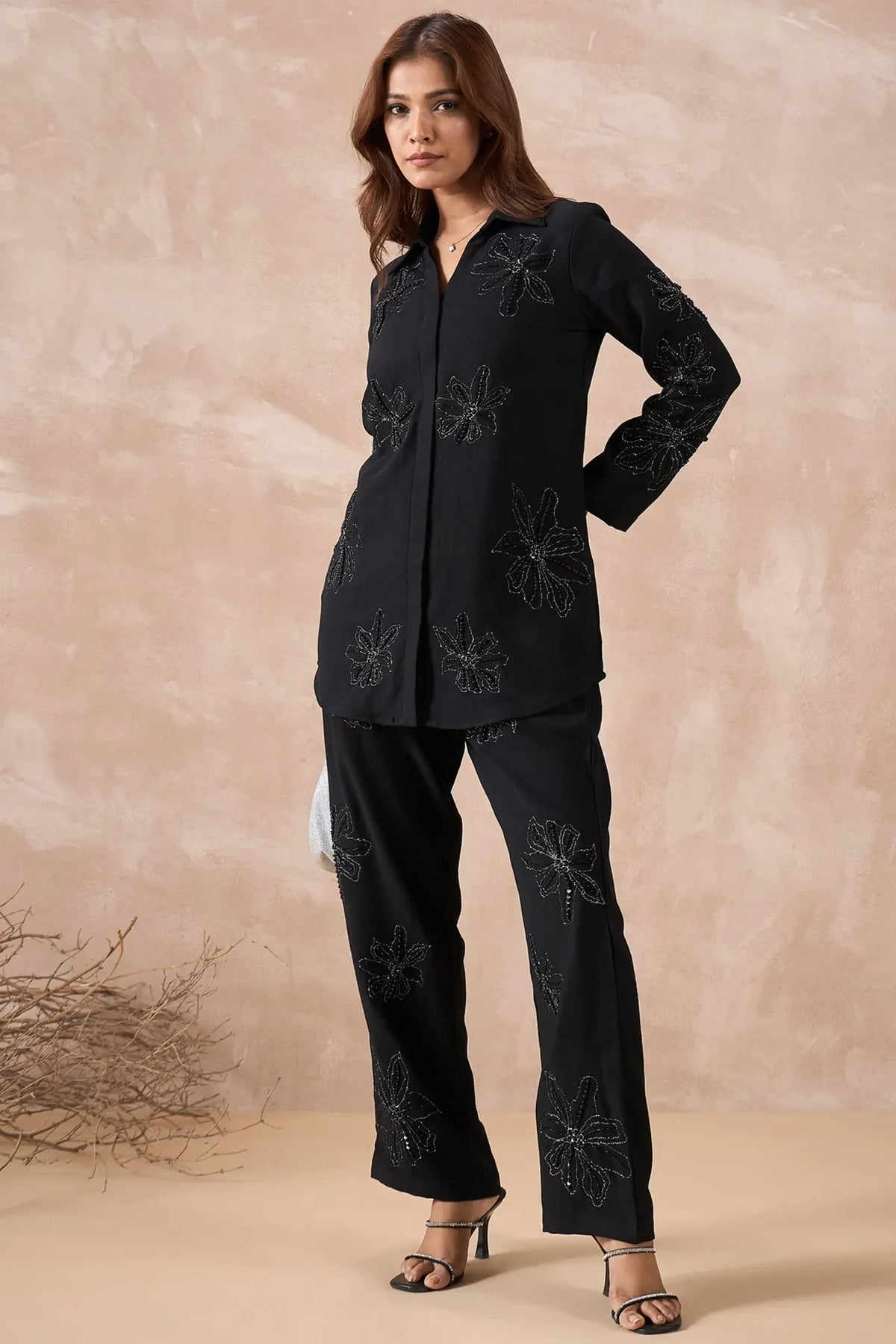 Black Floral Embellished Co-Ord Set