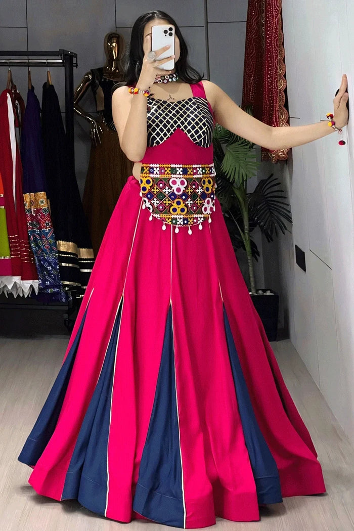 Navratri Special Pink & Navy Blue Chaniya Choli with Gamthi Belt