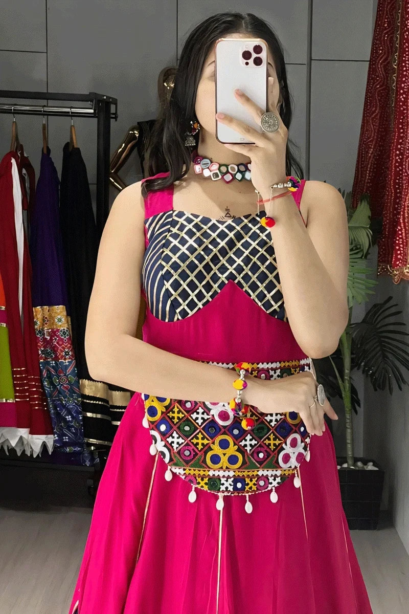 Navratri Special Pink & Navy Blue Chaniya Choli with Gamthi Belt