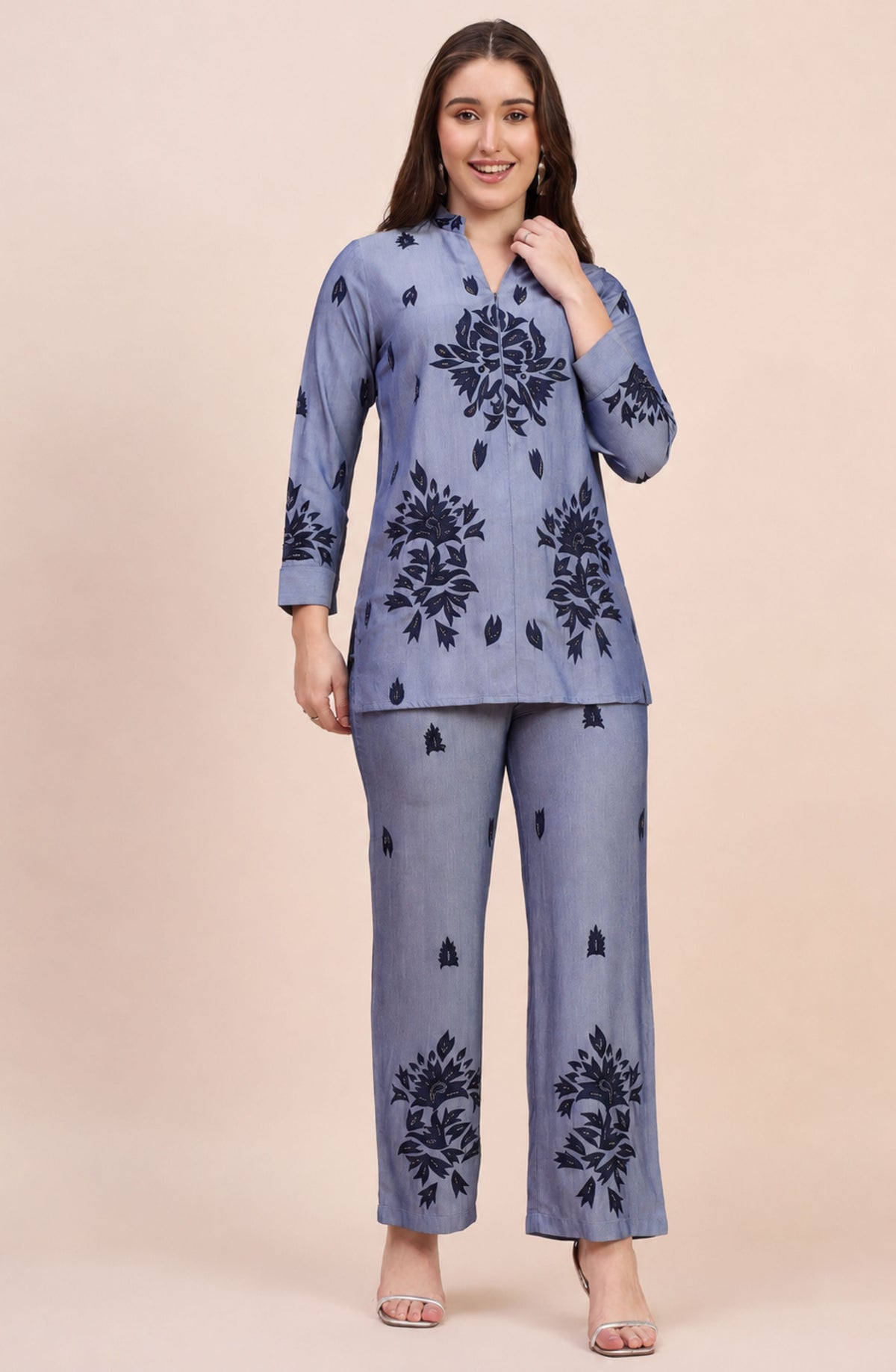 Denim Blue Co-ord Set with Navy Paisley Print