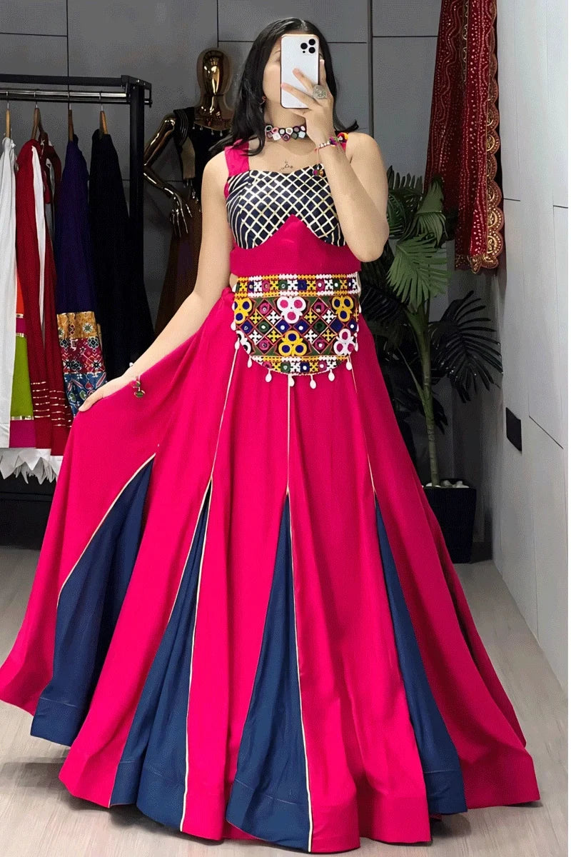 Navratri Special Pink & Navy Blue Chaniya Choli with Gamthi Belt