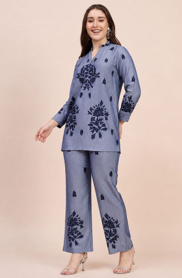 Denim Blue Co-ord Set with Navy Paisley Print