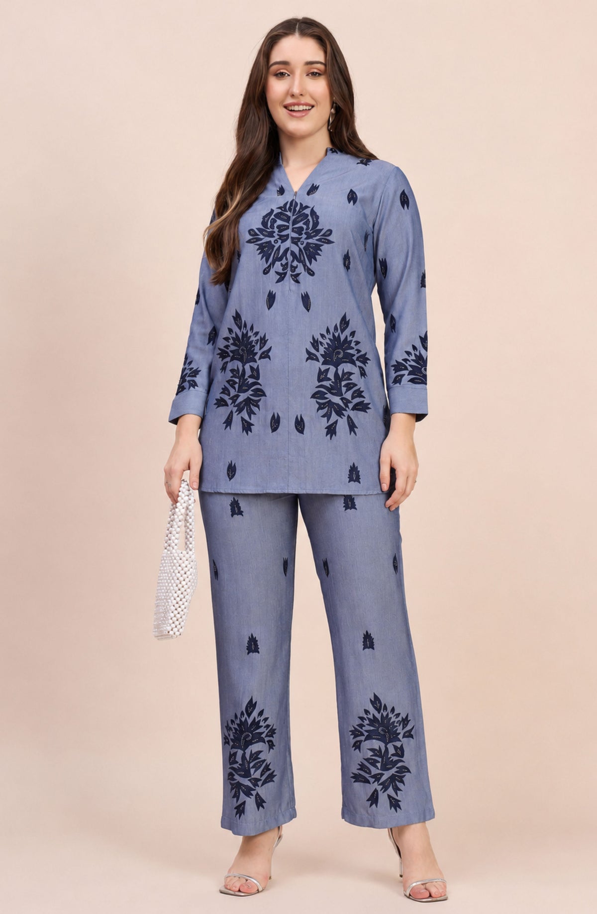 Denim Blue Co-ord Set with Navy Paisley Print