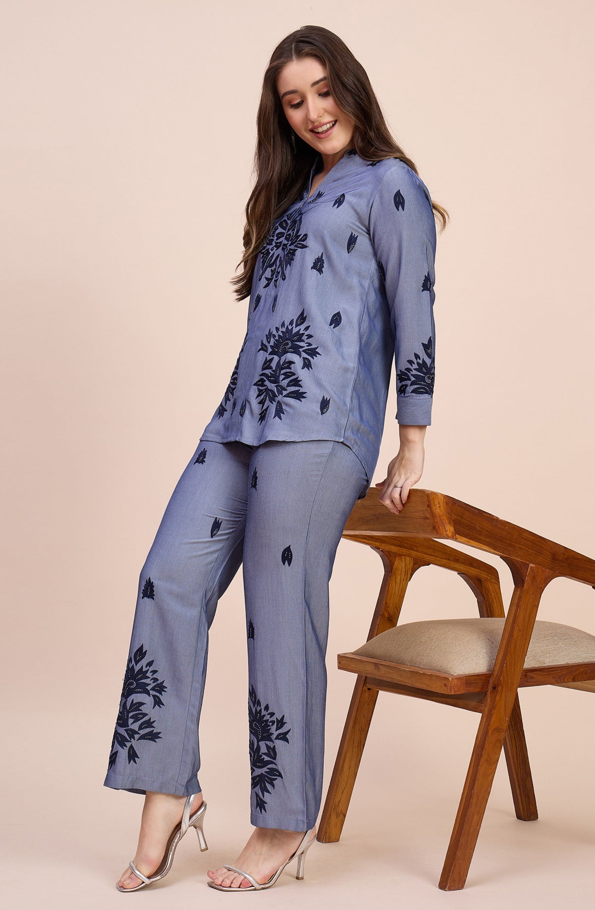 Denim Blue Co-ord Set with Navy Paisley Print