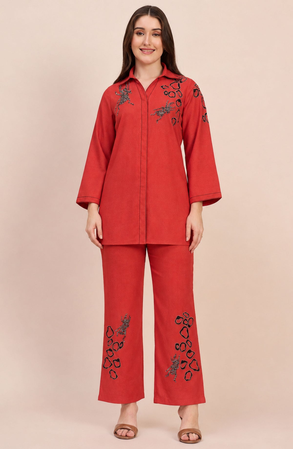 Coral Red Co-ord Set with Abstract Applique