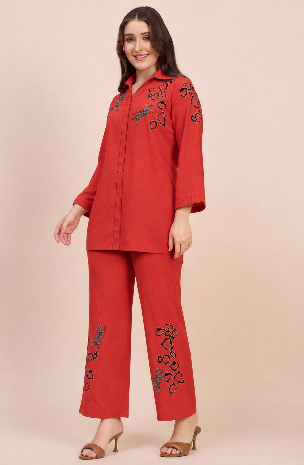 Coral Red Co-ord Set with Abstract Applique