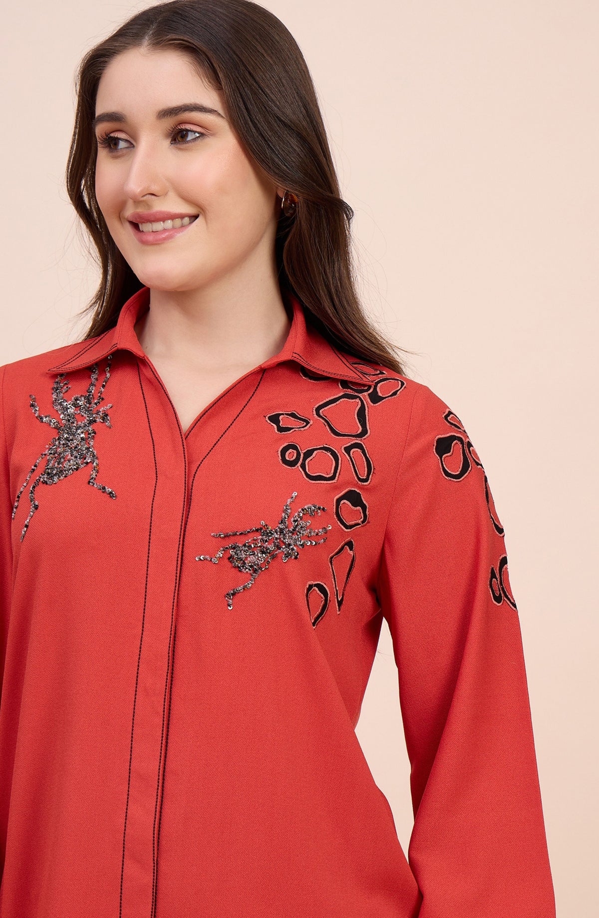 Coral Red Co-ord Set with Abstract Applique