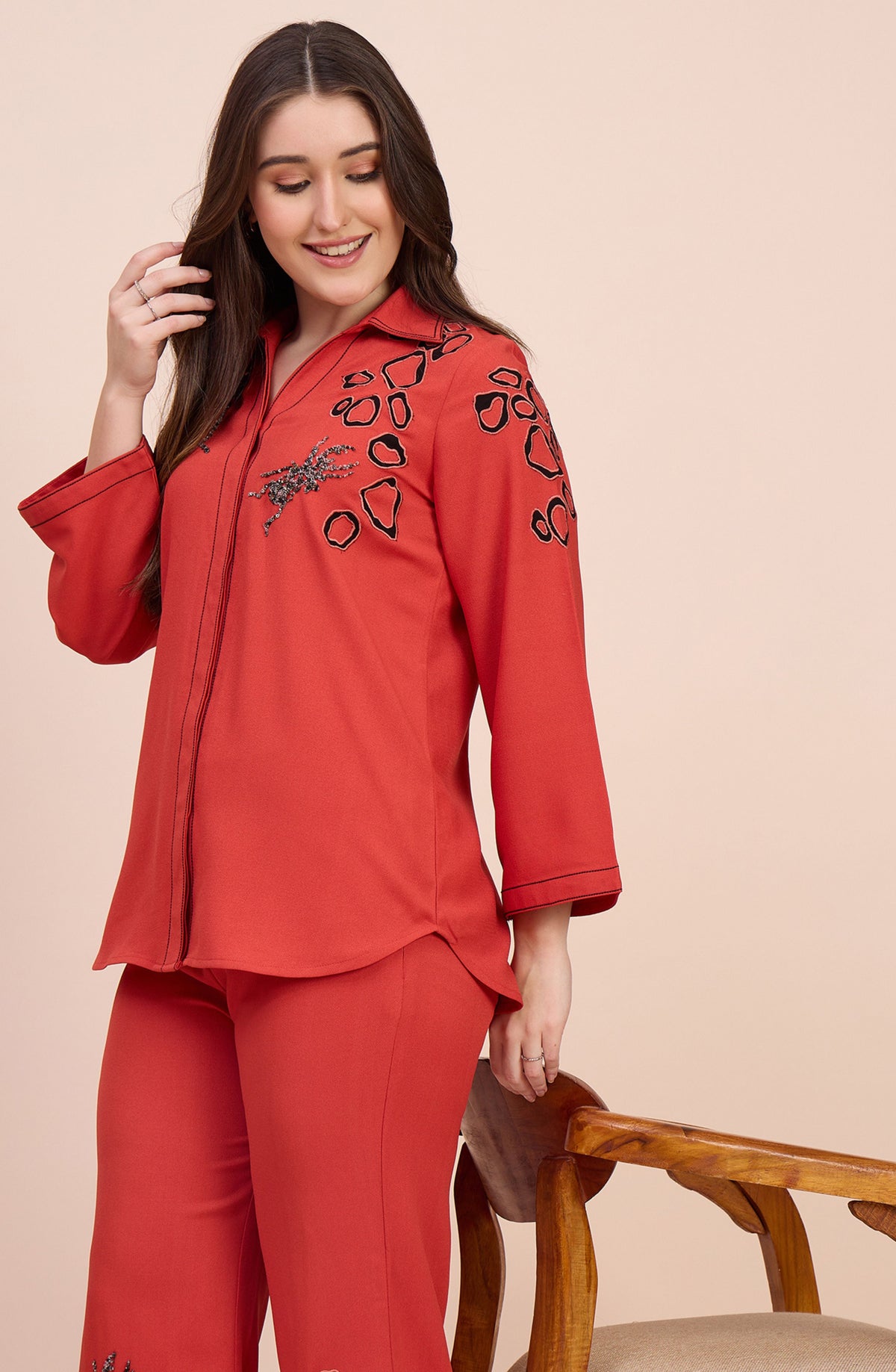 Coral Red Co-ord Set with Abstract Applique