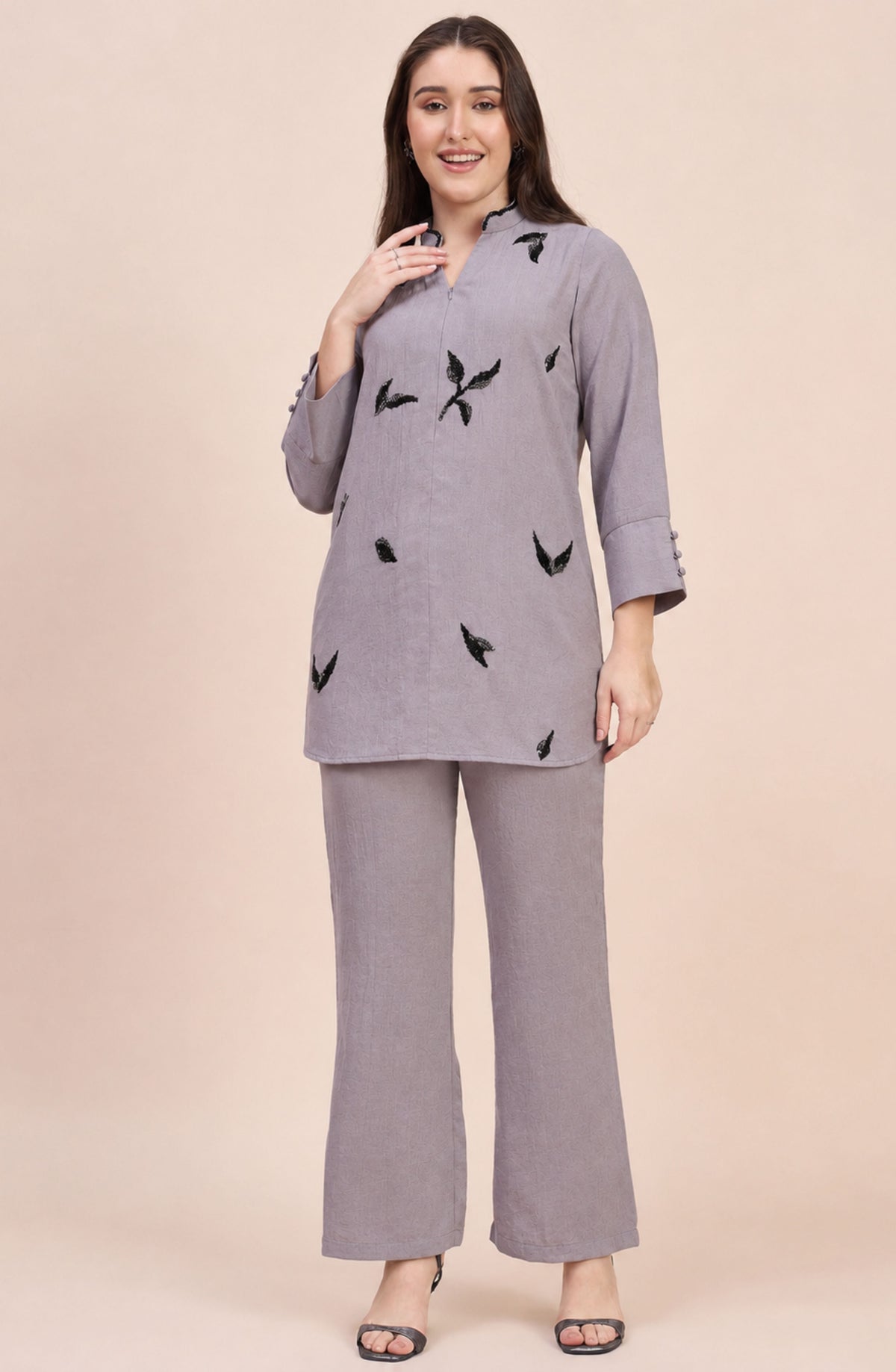 Mauve Grey Co-ord Set with Scattered Black Leaf Embroidery