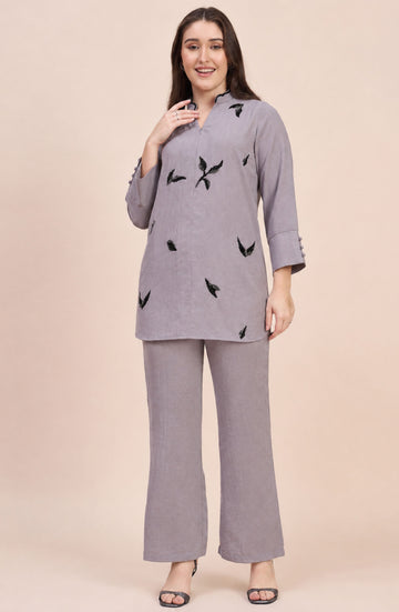 Mauve Grey Co-ord Set with Scattered Black Leaf Embroidery