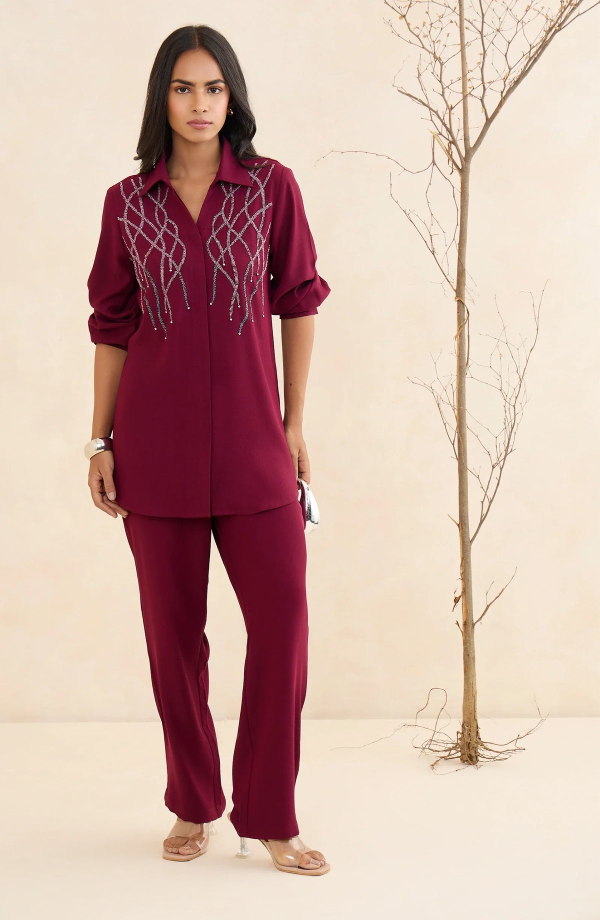 Maroon Embellished Co-Ord Set With Tonal Handwork