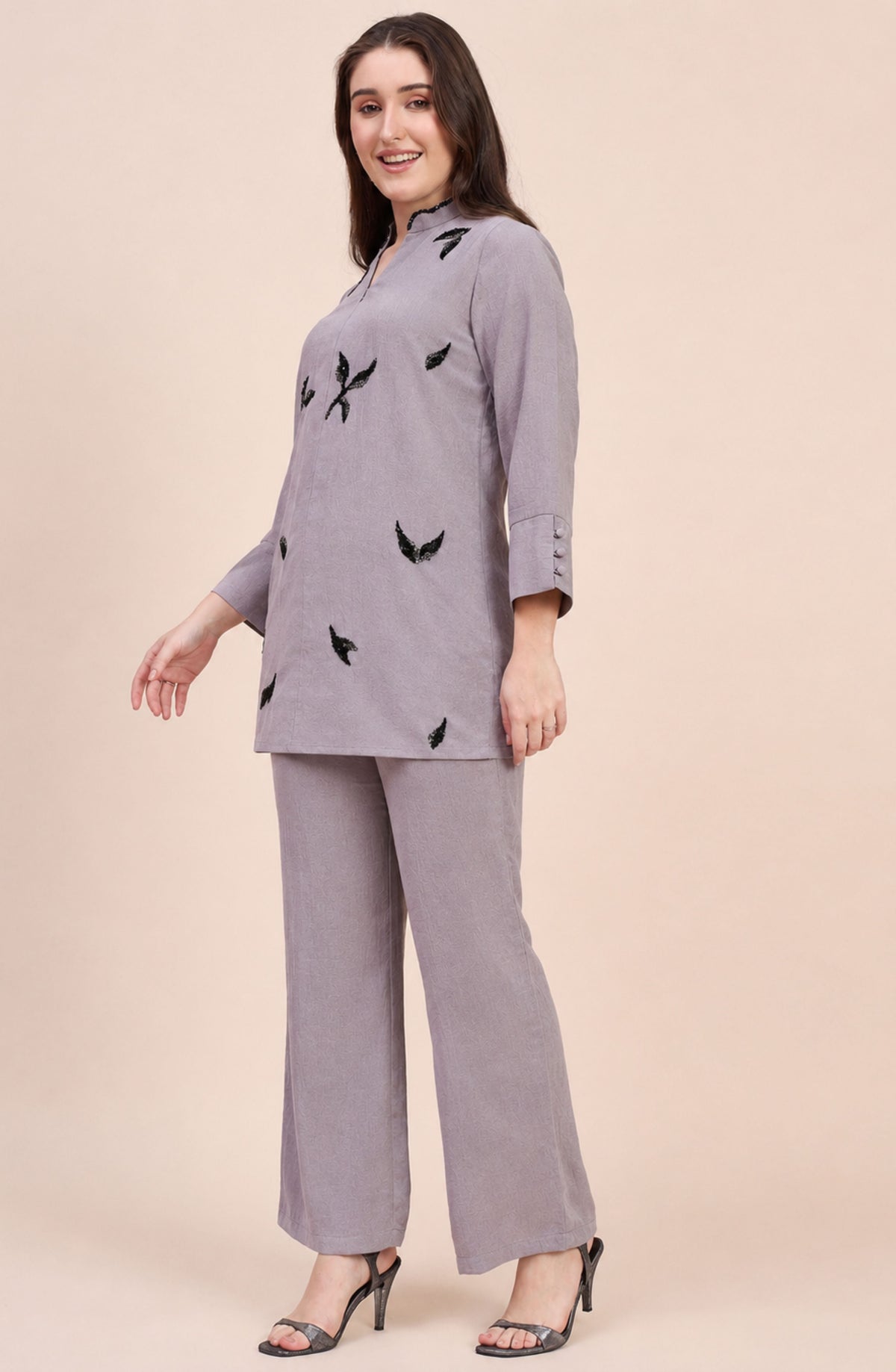 Mauve Grey Co-ord Set with Scattered Black Leaf Embroidery
