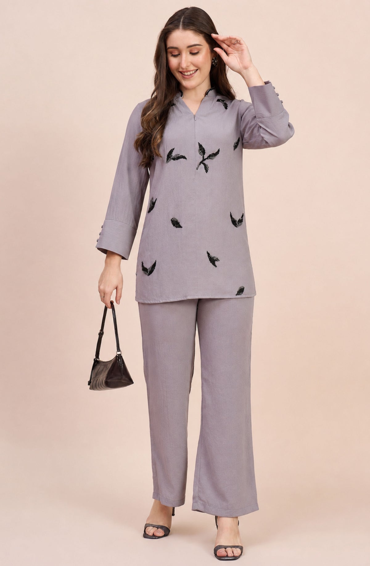 Mauve Grey Co-ord Set with Scattered Black Leaf Embroidery
