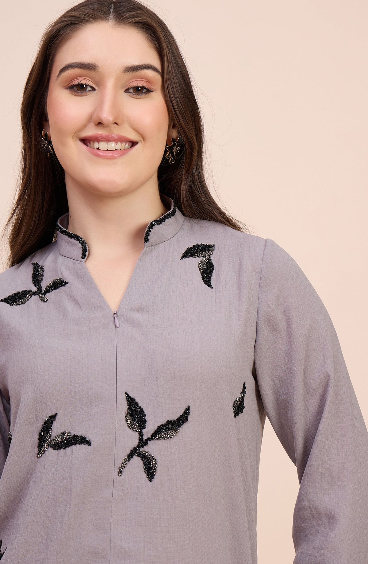Mauve Grey Co-ord Set with Scattered Black Leaf Embroidery