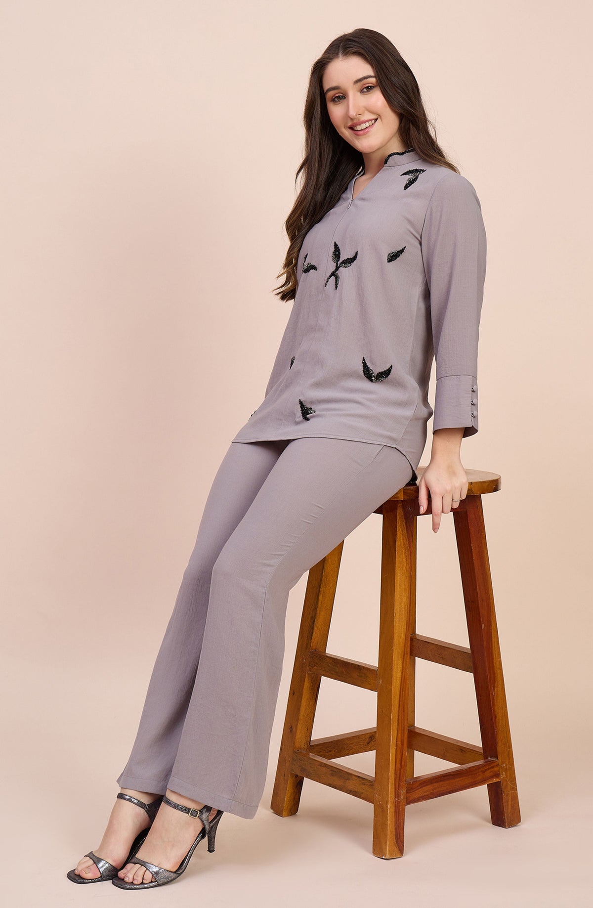 Mauve Grey Co-ord Set with Scattered Black Leaf Embroidery