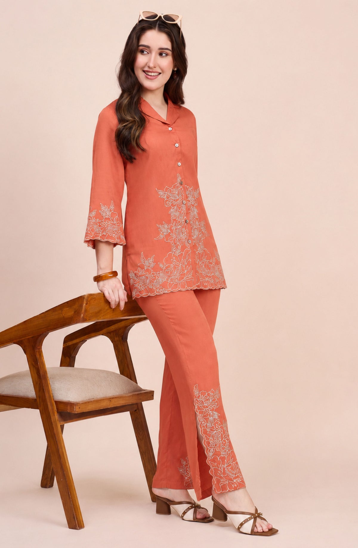 Rust Co-ord Set with Ivory Floral Embroidery