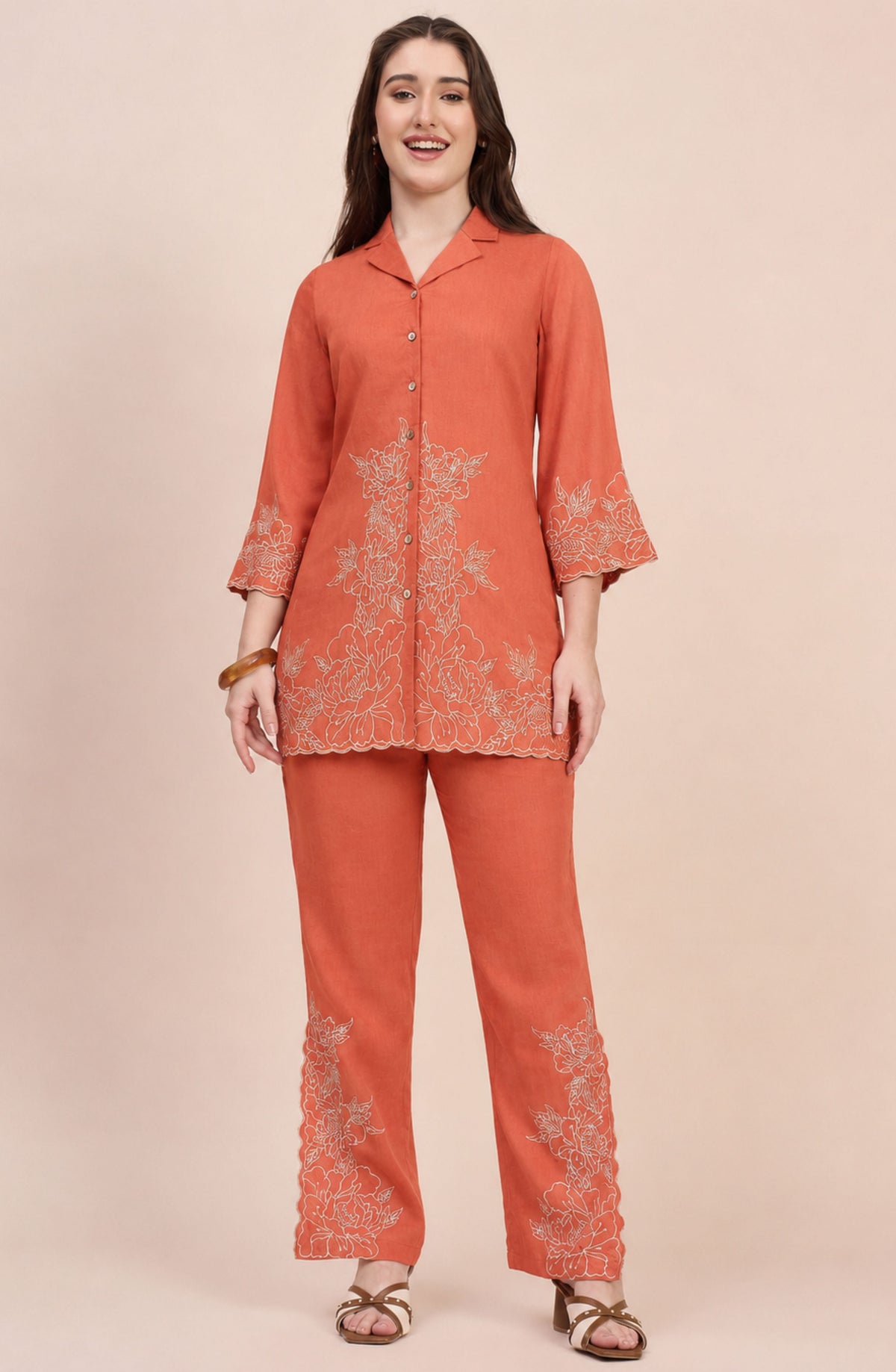 Rust Co-ord Set with Ivory Floral Embroidery