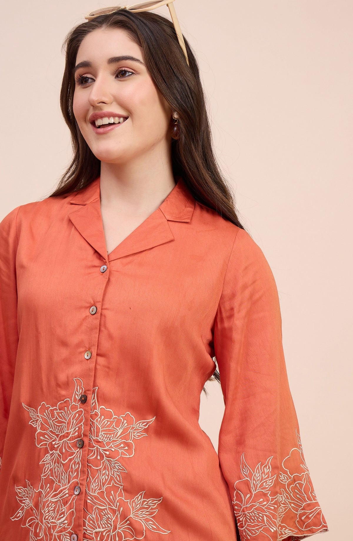 Rust Co-ord Set with Ivory Floral Embroidery