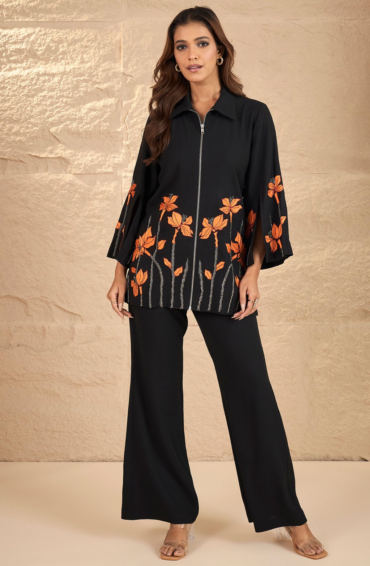 Black Floral Zipper Co-Ord Set