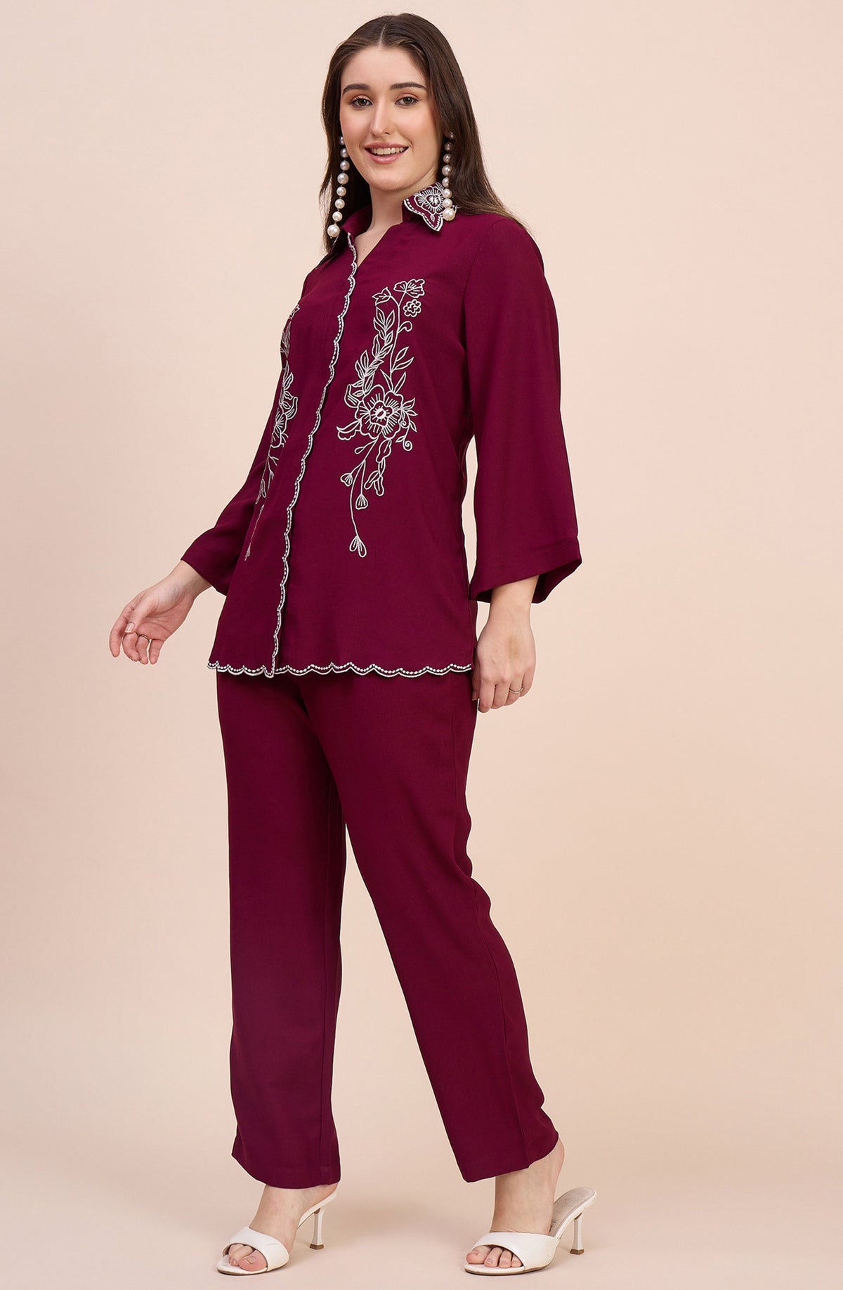 Maroon Co-ord Set with White Floral Embroidery