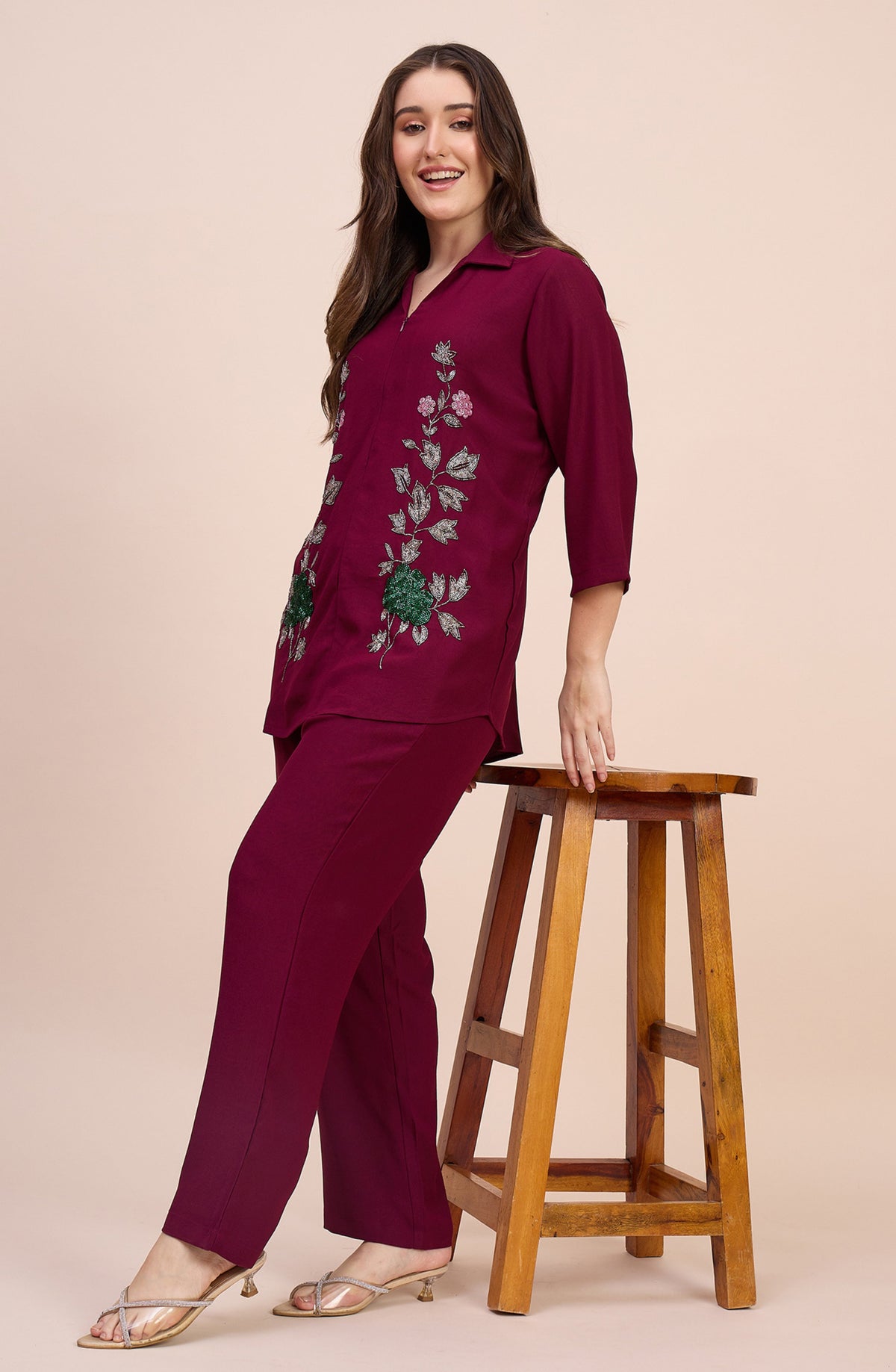 Maroon Co-ord Set with Sequin Floral Embroidery