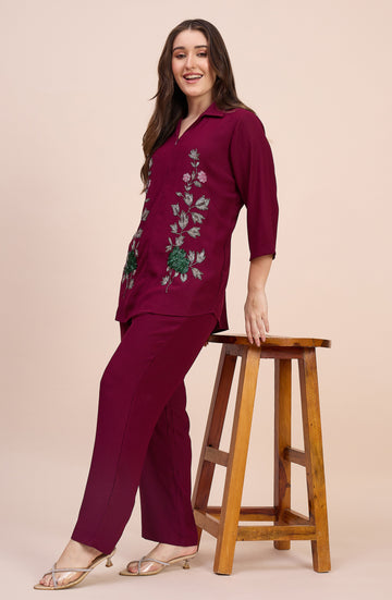 Maroon Co-ord Set with Sequin Floral Embroidery