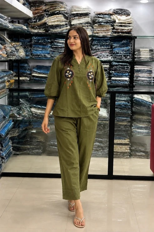 Green Embroidered Cotton Co-Ord Set
