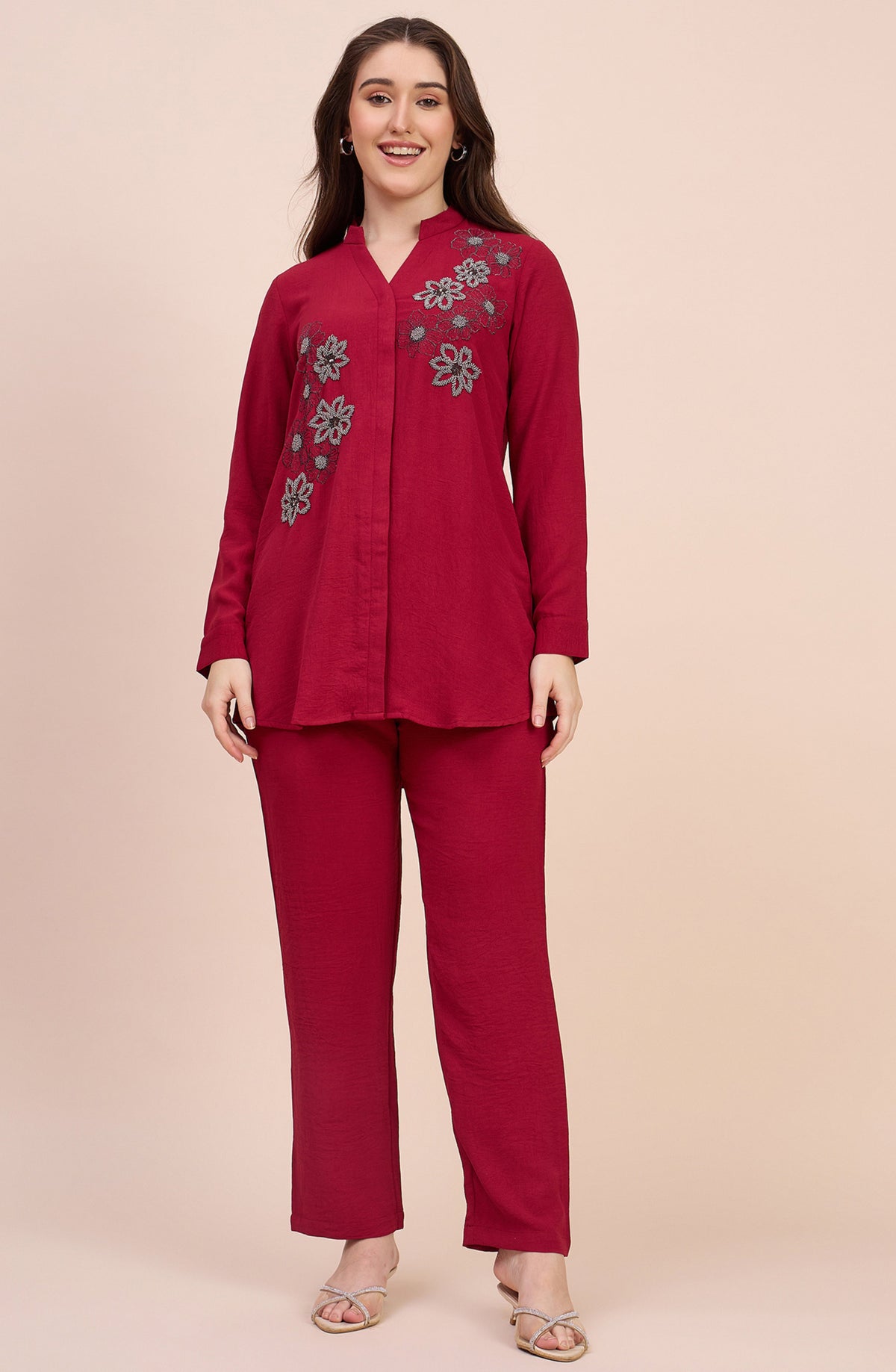 Deep red co-ord set with Ash Grey Sequin Applique