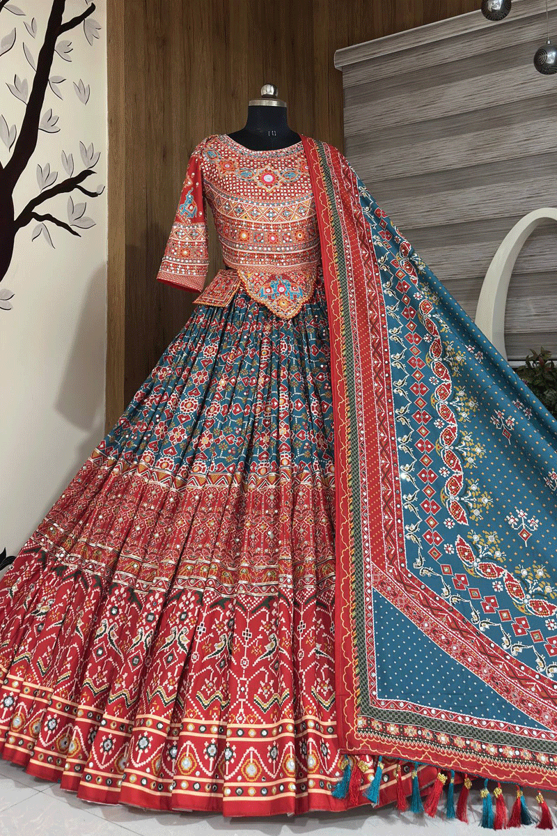 Designer Kutchi Printed With Real Mirror Work Multicolor Lehenga Choli For Navratri