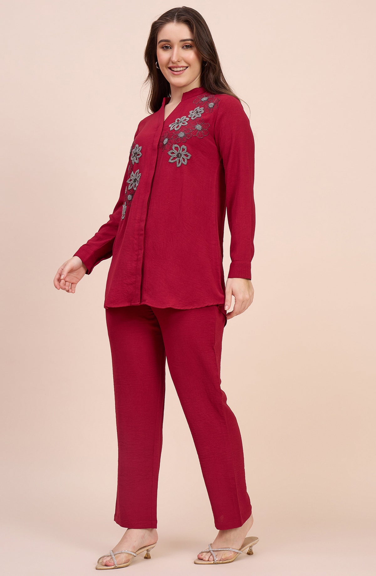 Deep red co-ord set with Ash Grey Sequin Applique