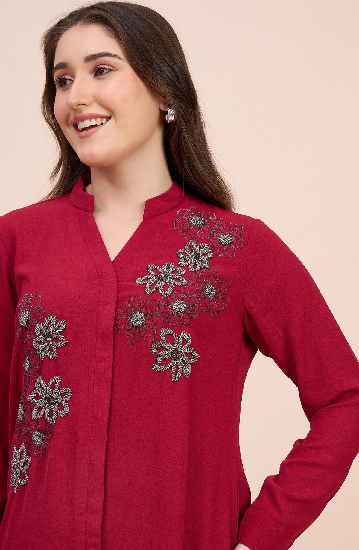 Deep red co-ord set with Ash Grey Sequin Applique