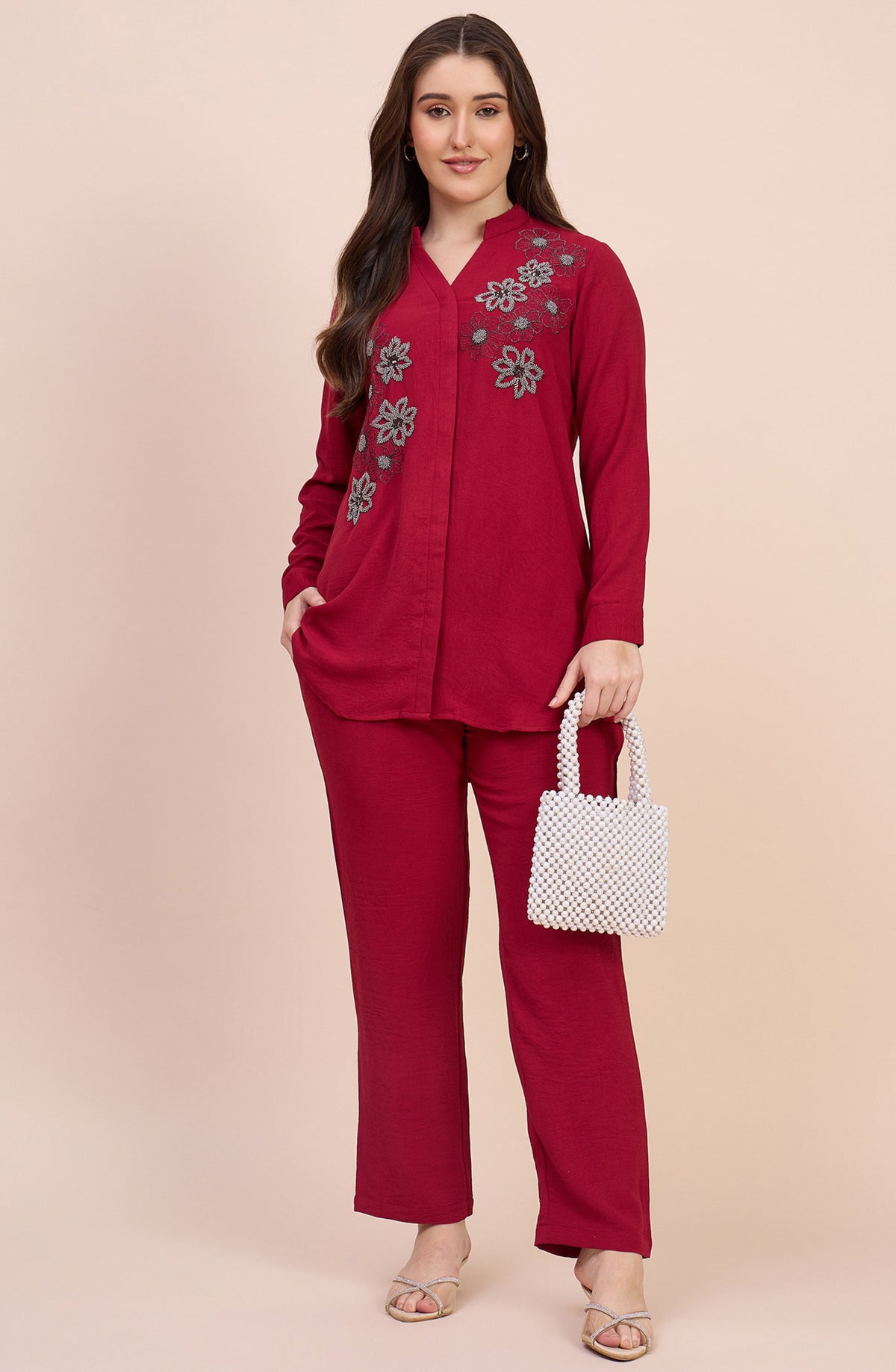 Deep red co-ord set with Ash Grey Sequin Applique