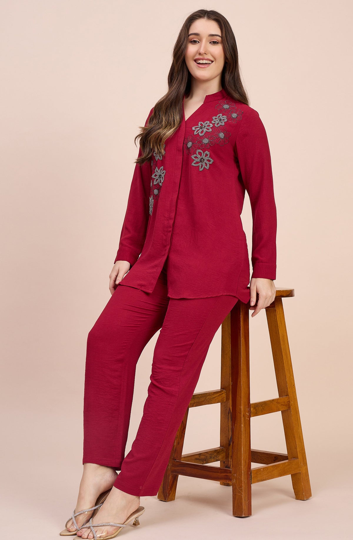 Deep red co-ord set with Ash Grey Sequin Applique