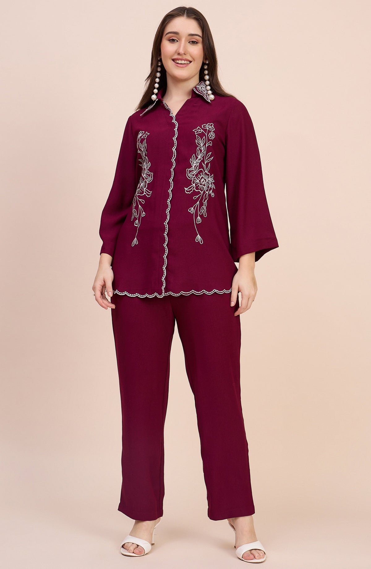 Maroon Co-ord Set with White Floral Embroidery